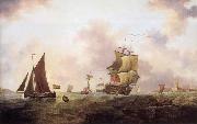 Francis Swaine A two-decker of the Royal Navy and other shipping off St.Peter Port oil painting on canvas